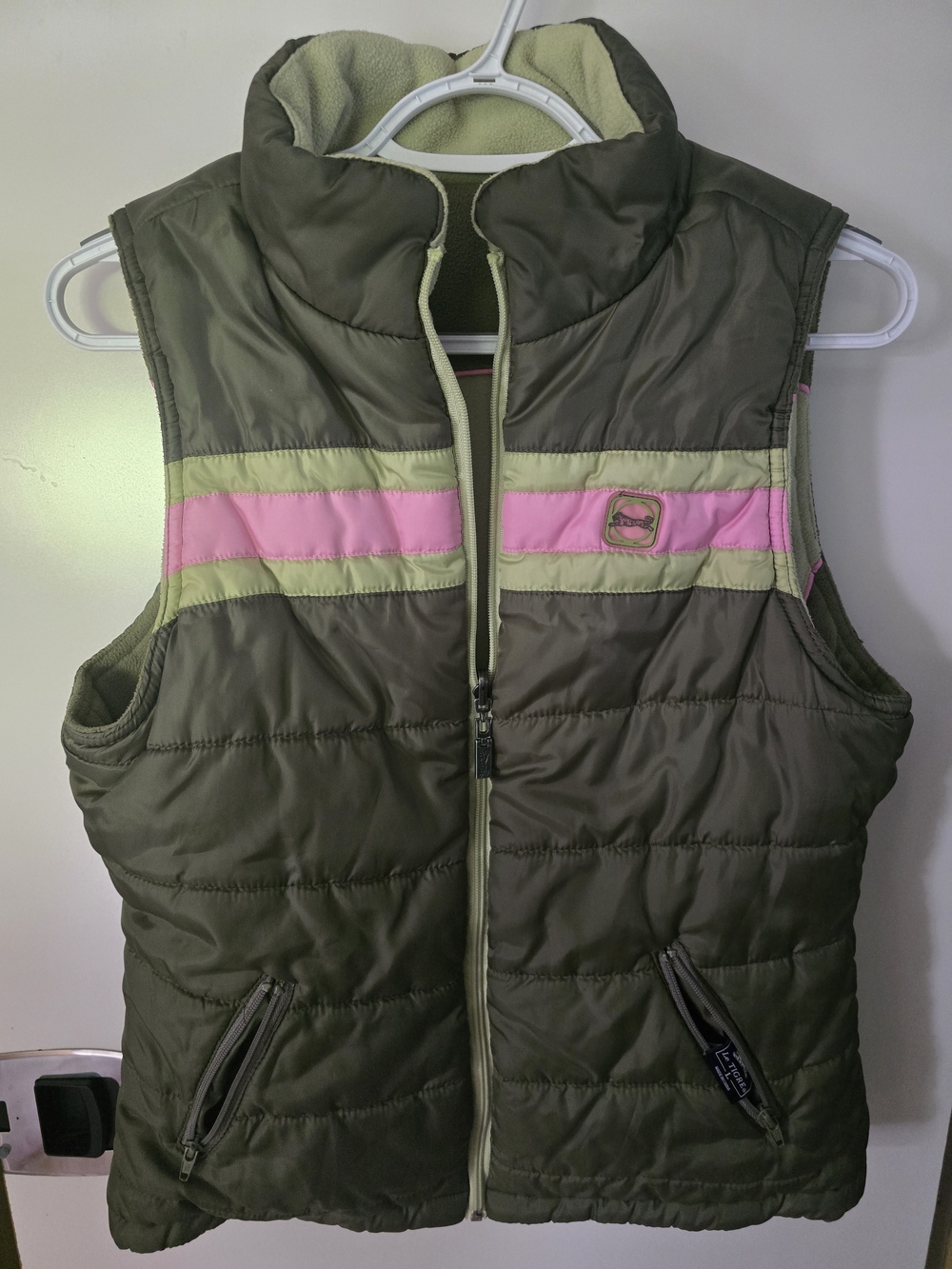 Le Tigre Vintage Y2K Reversible Puffer Vest Olive Green Pink Colorblock